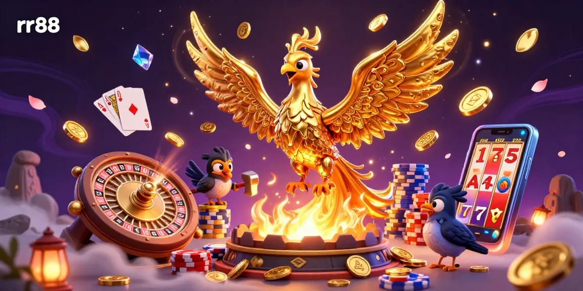 Experience exciting gameplay at rr88 with a golden phoenix and casino elements illuminating the scene.