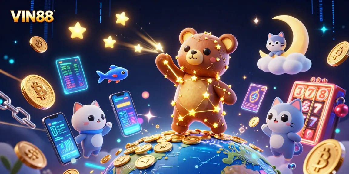 Spin to win with VIN88, featuring a constellation bear and vibrant slot symbols