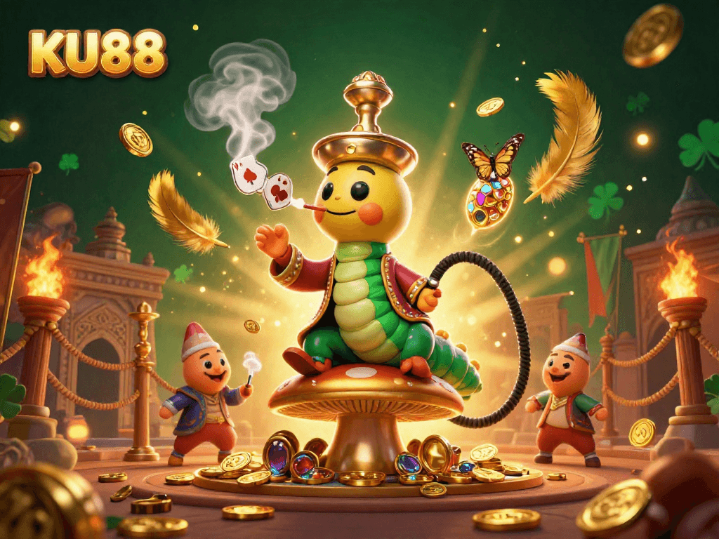 Experience thrilling games at KU88 with a vibrant 3D casino illustration depicting unique symbols and characters.