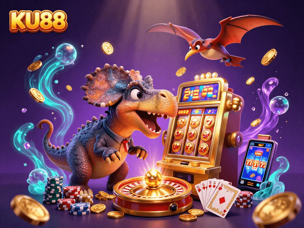 KU88 illustrates a dynamic casino scene with dinosaurs amidst cascading coins and winning spins.