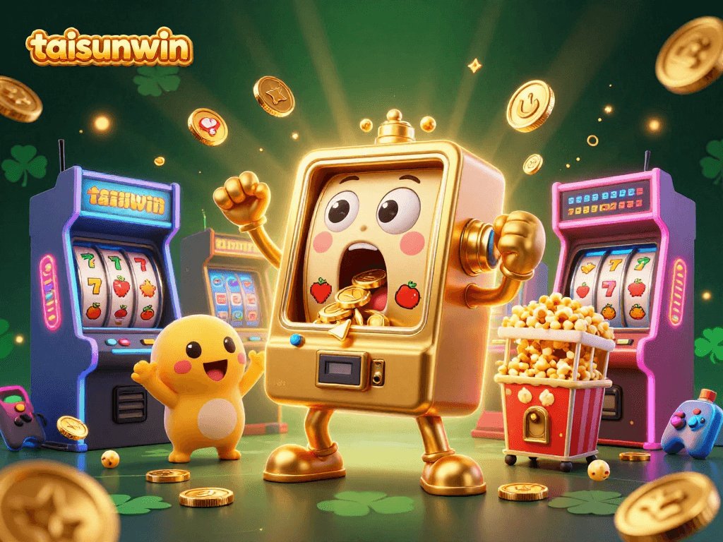 Engage with taisunwin as a golden slot machine celebrates a jackpot amidst colorful arcade gaming excitement.