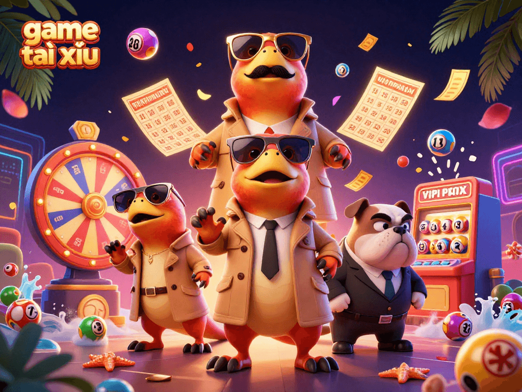 Engaging scene of game tài xỉu with playful raptors in disguise, vibrant lottery elements.