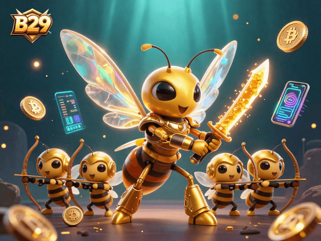 B29 players traverse dynamic gaming realms, engaging with vibrant 3D crypto elements and samurai hornet characters.