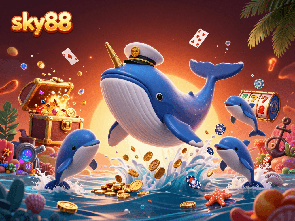 Experience thrilling gameplay at sky88 with a whale, dolphins, and treasure in a vibrant casino scene.