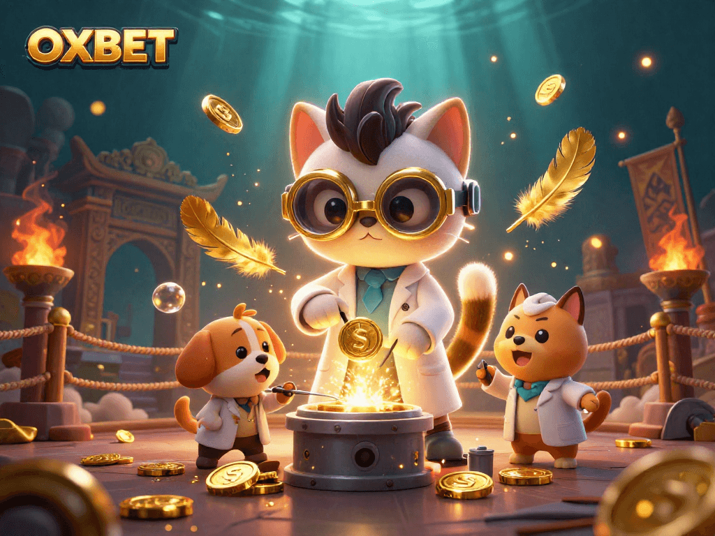 Experience thrilling moments in OXBET with a mad scientist cat crafting coins amidst a vibrant casino setting.