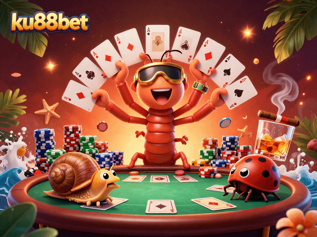 Experience the thrill of ku88bet with a colorful casino scene featuring playful characters and poker elements.