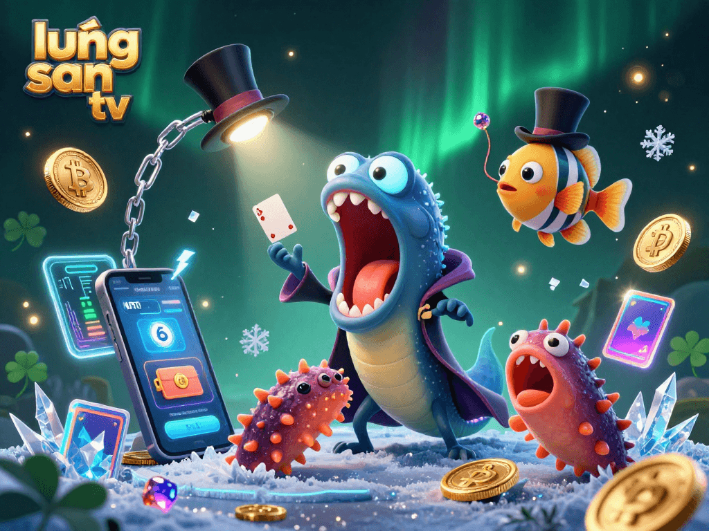 Lương Sơn TV showcases a magical scene featuring a gulper eel performing card tricks among neon coins, emphasizing an engaging online gambling experience.