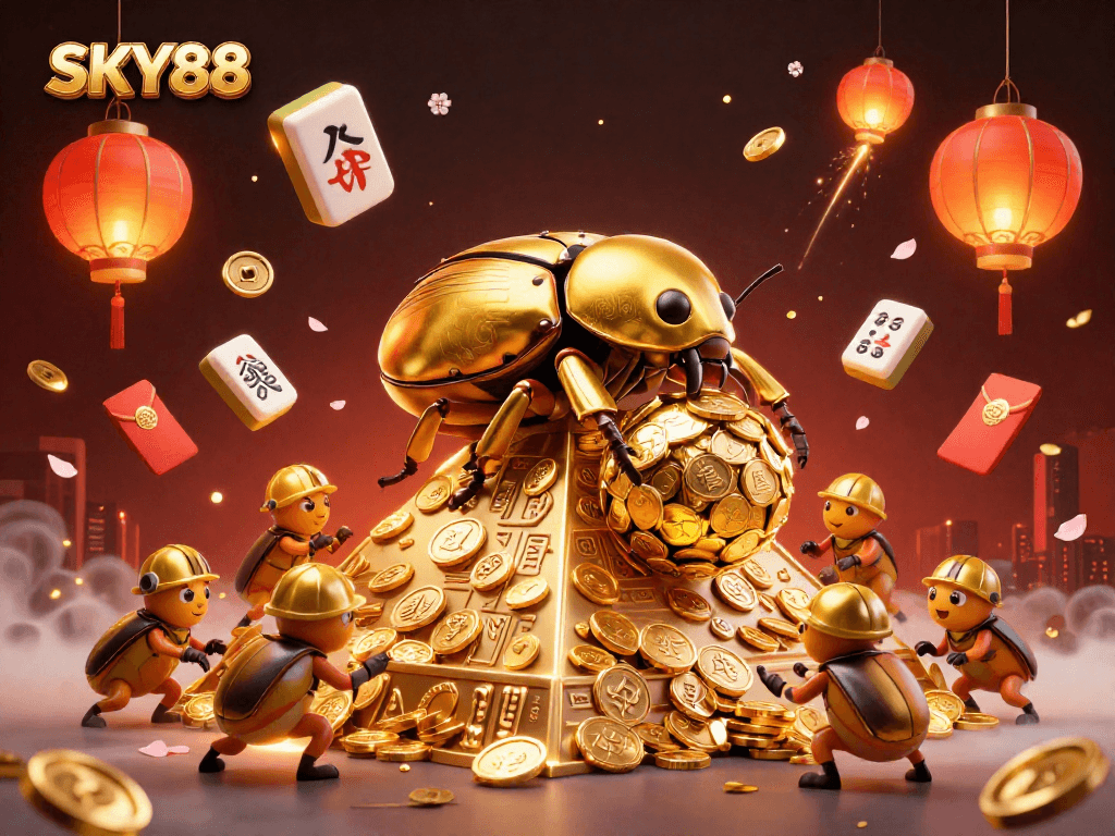 Experience thrilling casino action with SKY88, featuring dynamic golden beetles and vibrant game elements.