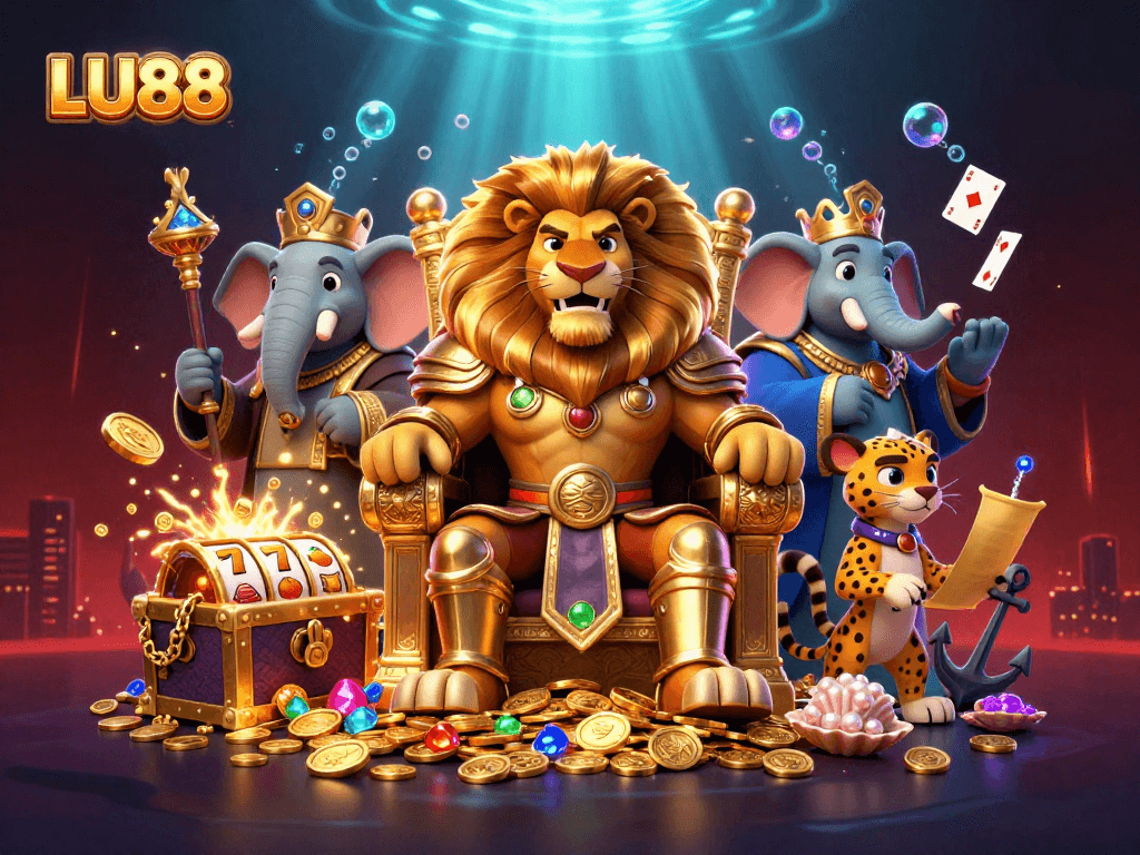 LU88 showcases thrilling gaming action with a lion king, elephant, and cheetah amidst slot elements.