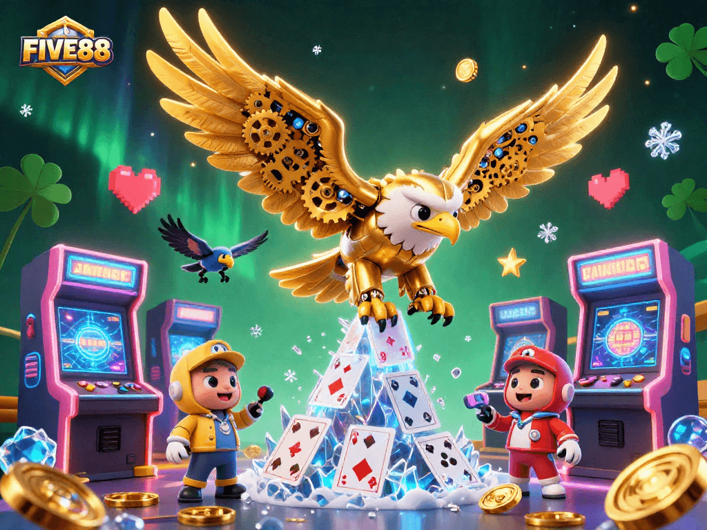 Engage with FIVE88 in a vibrant 3D casino scene featuring cybernetic eagle and arcade elements.