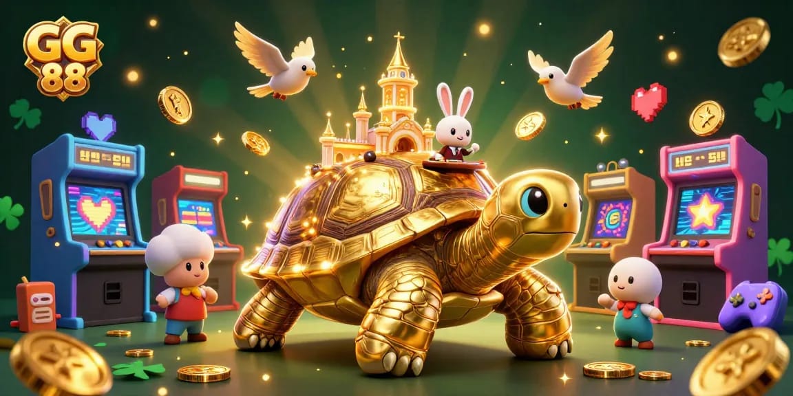 Win big at GG 88 with a vibrant scene featuring a tortoise casino, rabbit dealer, and flying coins.