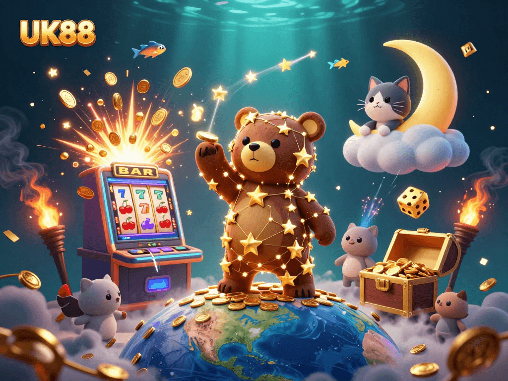 Experience thrilling wins with UK88 as the constellation bear collects coins amid a jackpot explosion