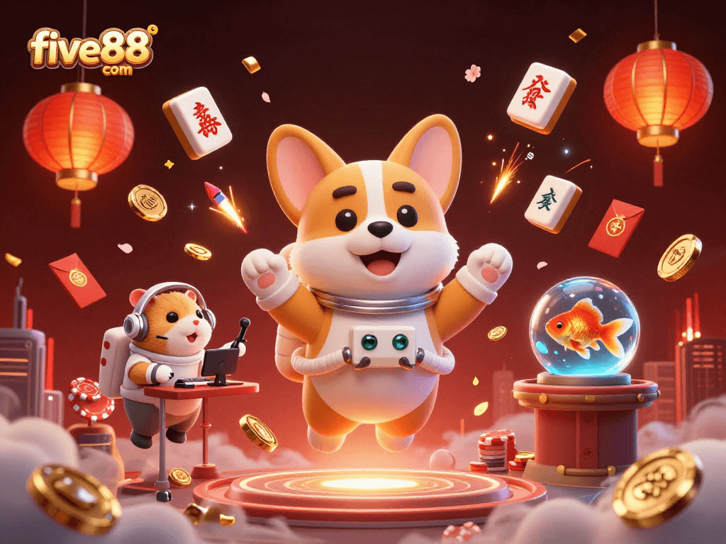 Experience excitement at five88 com with a vibrant casino scene showcasing a 3D astronaut corgi amidst floating riches.
