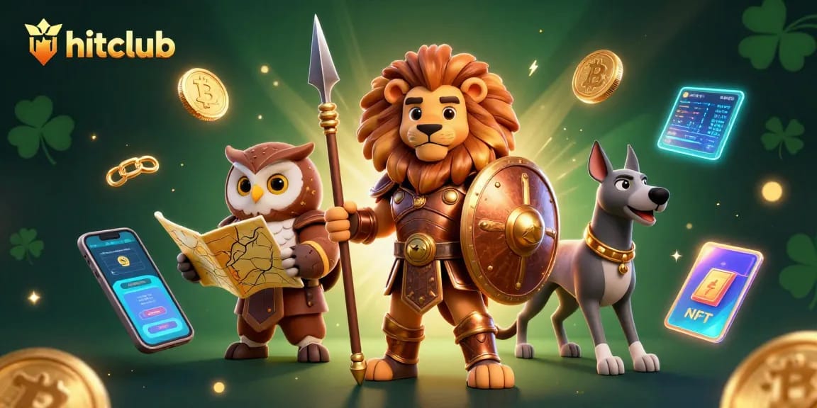 Hitclub offers an engaging casino experience, featuring dynamic characters amidst crypto elements and gaming symbols.