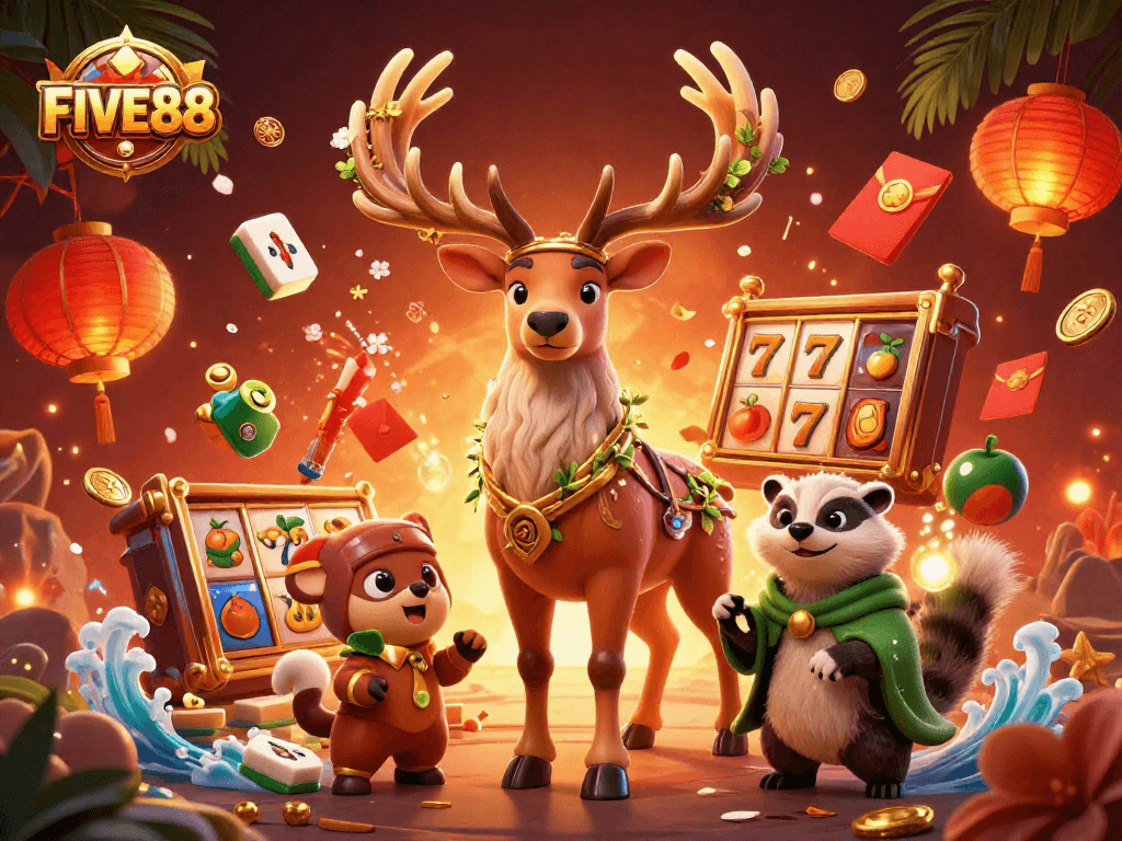 FIVE88 immerses players in a vibrant casino scene with a druid stag and fortune elements.