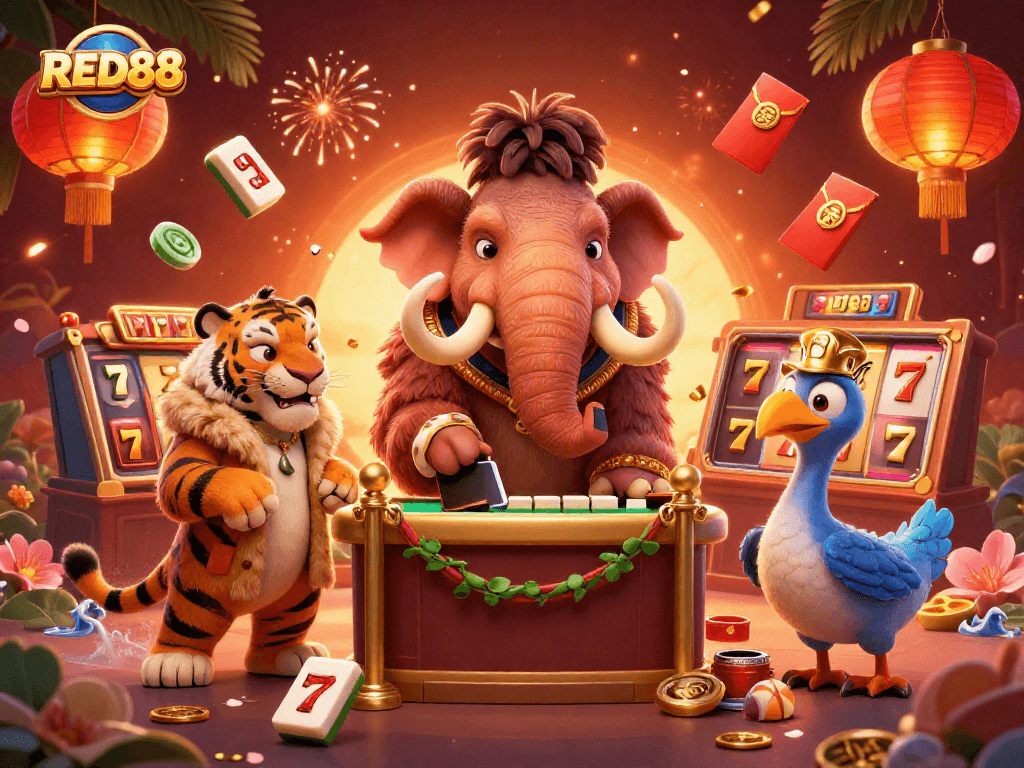 Experience thrilling gameplay at RED88, with vibrant characters and dynamic casino elements creating an engaging atmosphere.