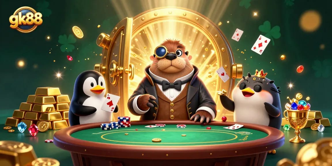 gk88 offers thrilling underwater poker action with charming characters surrounded by treasure.