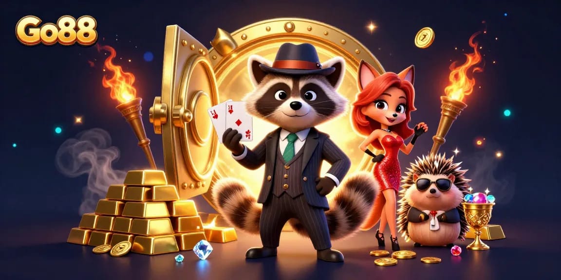 Experience thrilling gameplay at Go88 with a charming raccoon playing cards and surrounded by treasures.