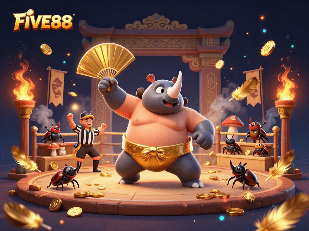 FIVE88 features a powerful beetle champion stomping gold coins, captivating players in action.