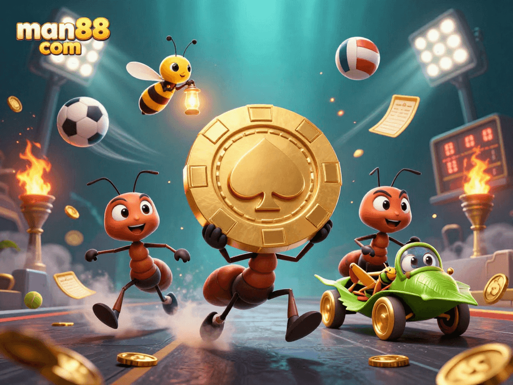Experience the thrilling action at man88 com with ants heisting a giant poker chip amidst dynamic sports elements.
