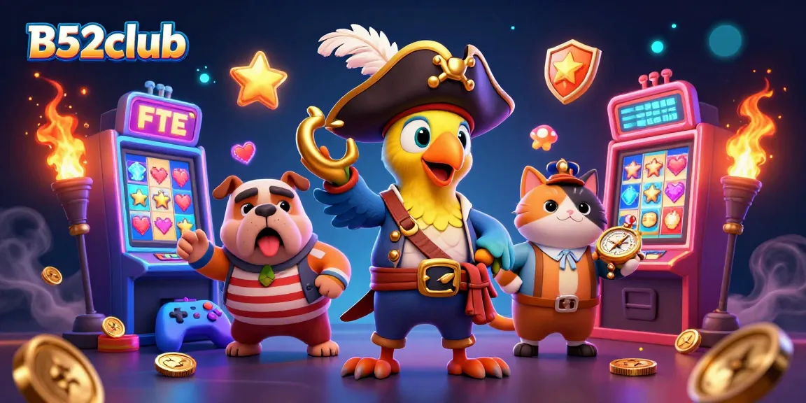 B52club's vibrant 3D casino scene featuring a pirate captain, bulldog, and cat immersed in gaming excitement.