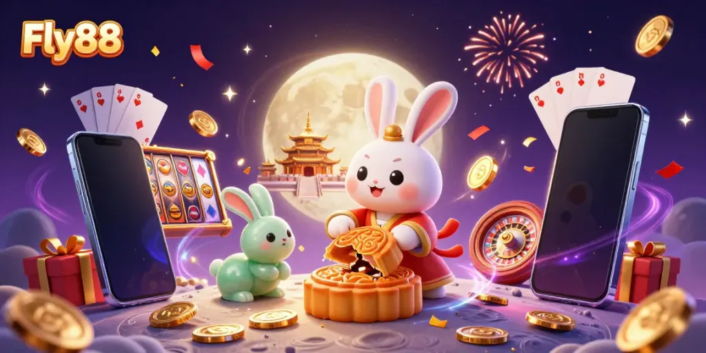 Play games and win with Fly88's vibrant casino universe featuring animated characters and gambling elements.