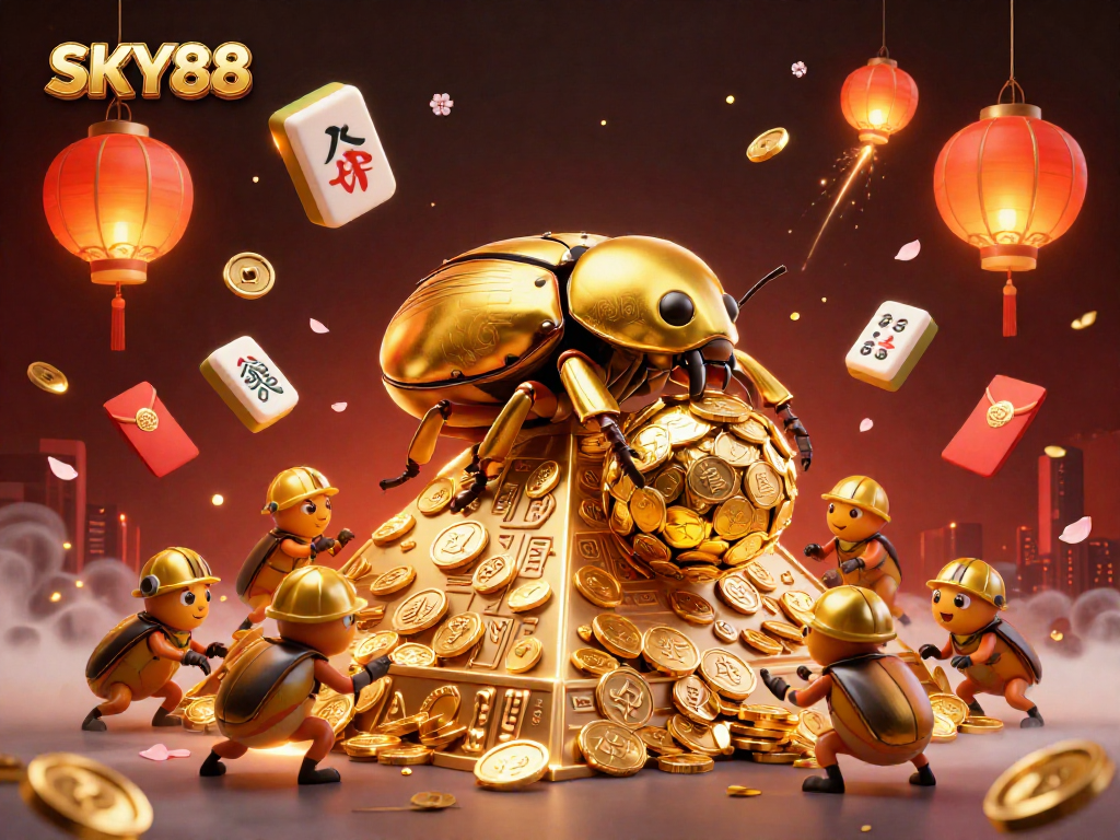 Experience thrilling casino action with SKY88, featuring dynamic golden beetles and vibrant game elements.