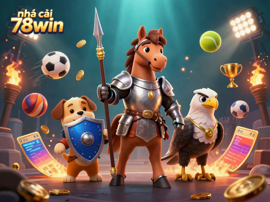 Experience thrilling gaming with nhà cái 78win in this vibrant 3D casino scene featuring knight and sports elements.