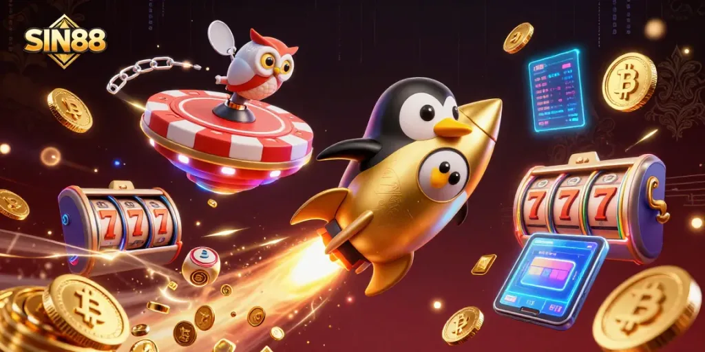 SIN88 engages players with a vibrant 3D scene featuring a golden penguin and casino elements, perfectly capturing the thrill of online gambling.