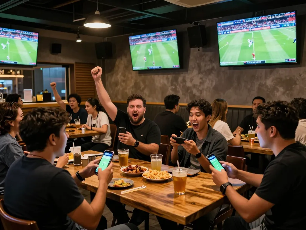Fans celebrating Kết quả bóng đá while watching a live match in a lively sports bar atmosphere.