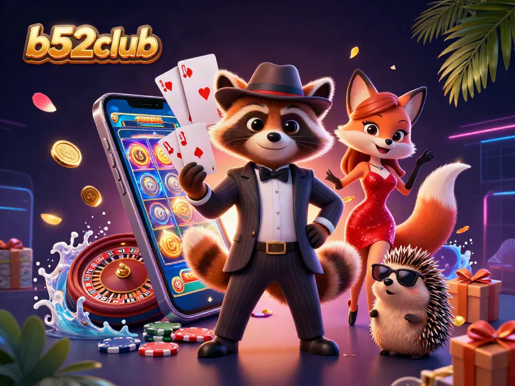 Bets visualized in a vibrant scene with b52club characters enjoying thrilling games and rewards.