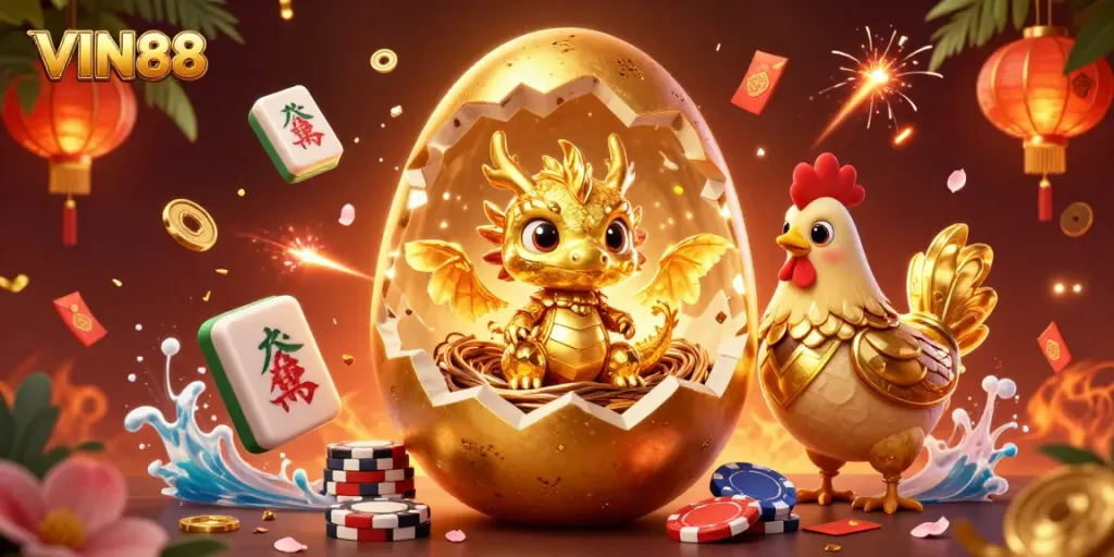 Experience winning thrills at VIN88 with a captivating golden dragon and poker chips scene.