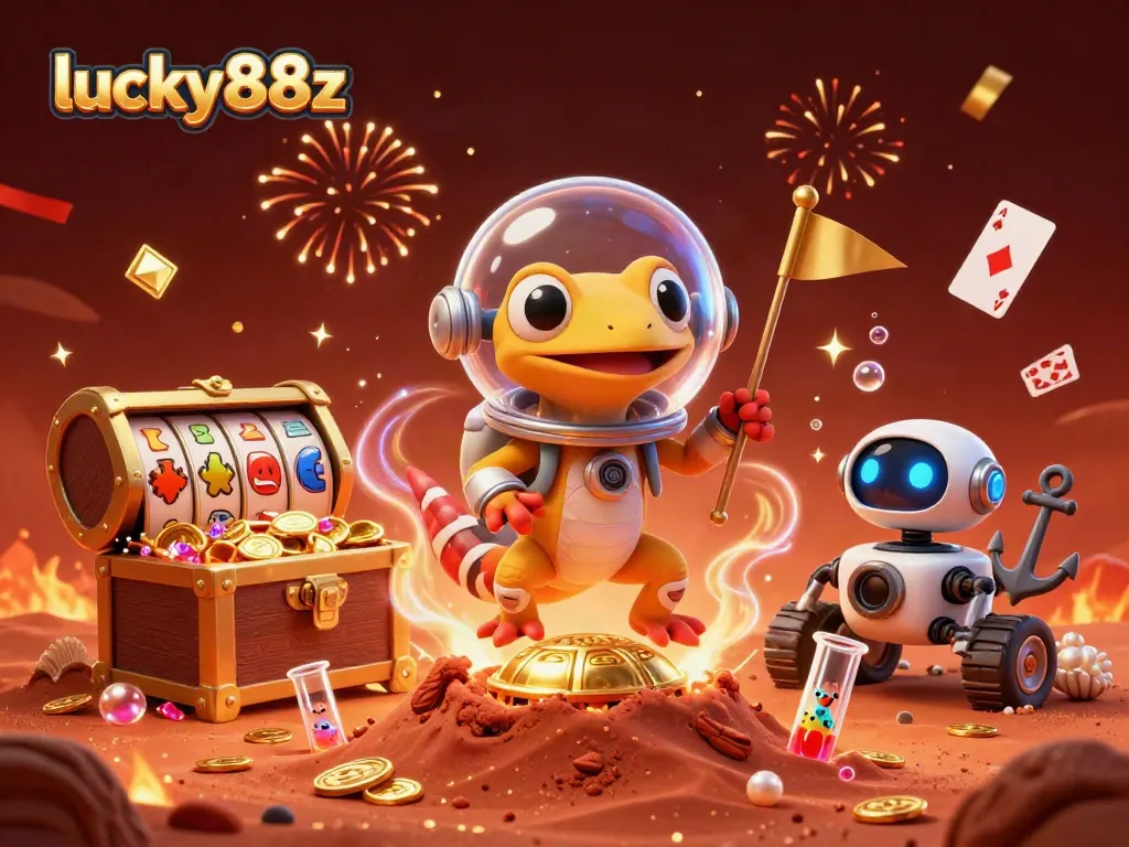 Spin to win with lucky88z in a vibrant casino scene featuring a Martian gecko and exciting game elements.