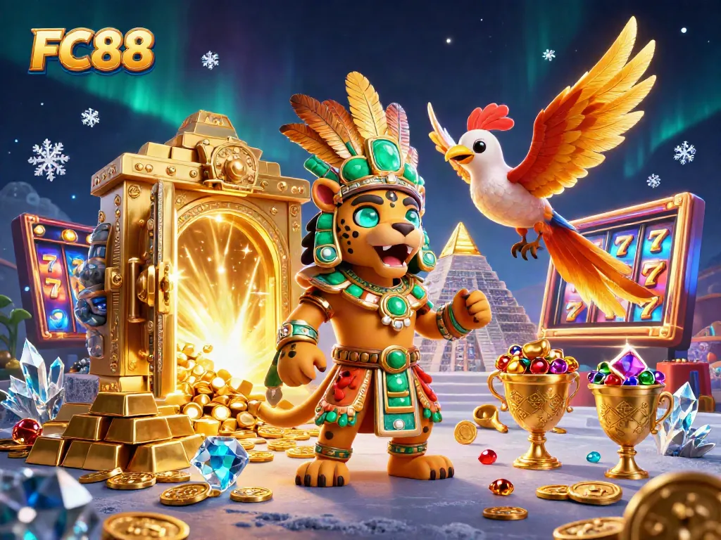 FC88 showcases thrilling slot gameplay with sparkling treasures and vibrant casino elements.