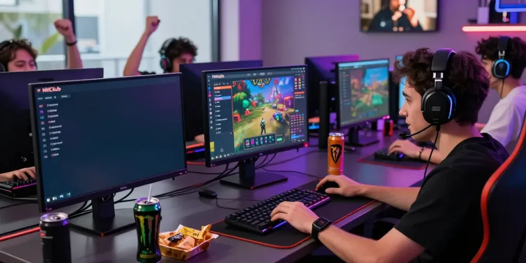 Engaging gaming scene with user at workstation enjoying HitClub games, bright RGB lighting.