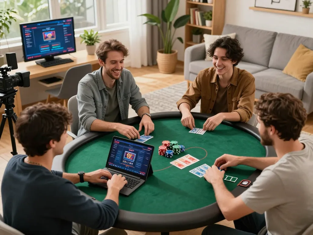 Players engaging in an online poker game, illustrating tg88 strategies in cozy home setting.