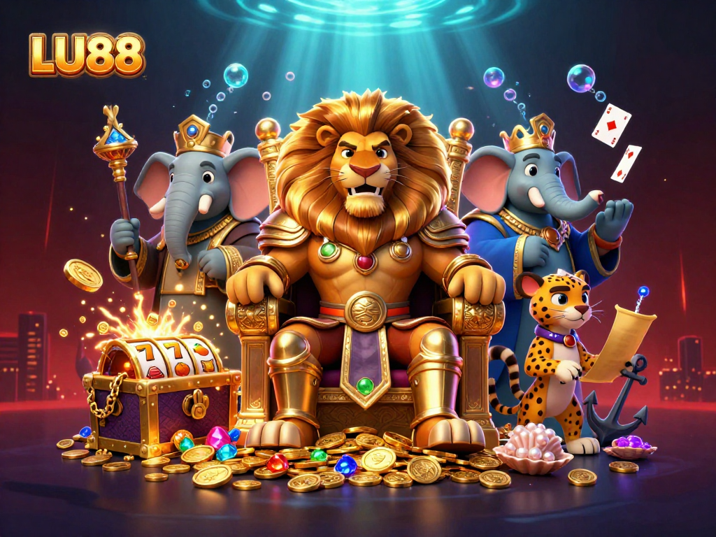 LU88 showcases thrilling gaming action with a lion king, elephant, and cheetah amidst slot elements.