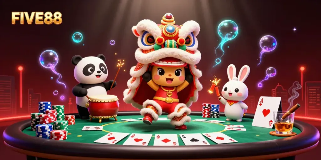 Experience the vibrant energy of FIVE88 as characters engage in exciting casino fun around a poker table.