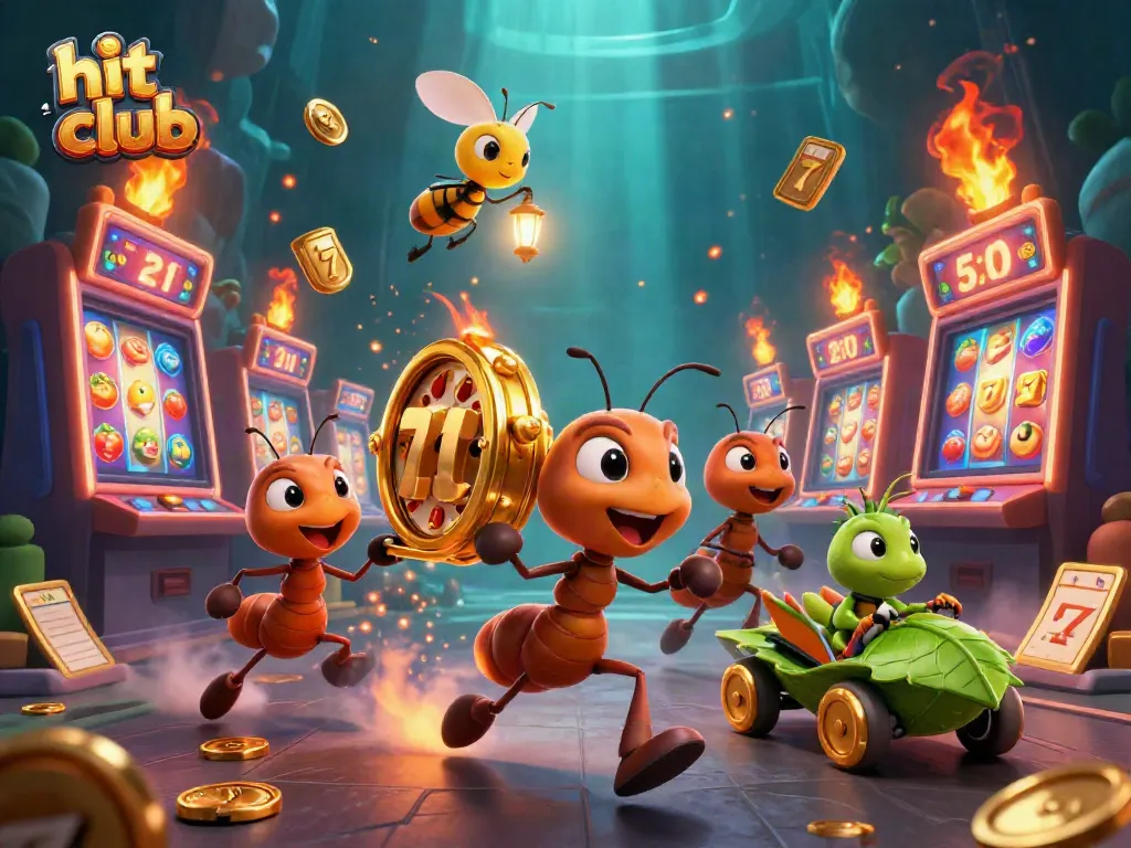 A thrilling heist at hit club with animated ants carrying a massive golden slot reel and vibrant casino elements.
