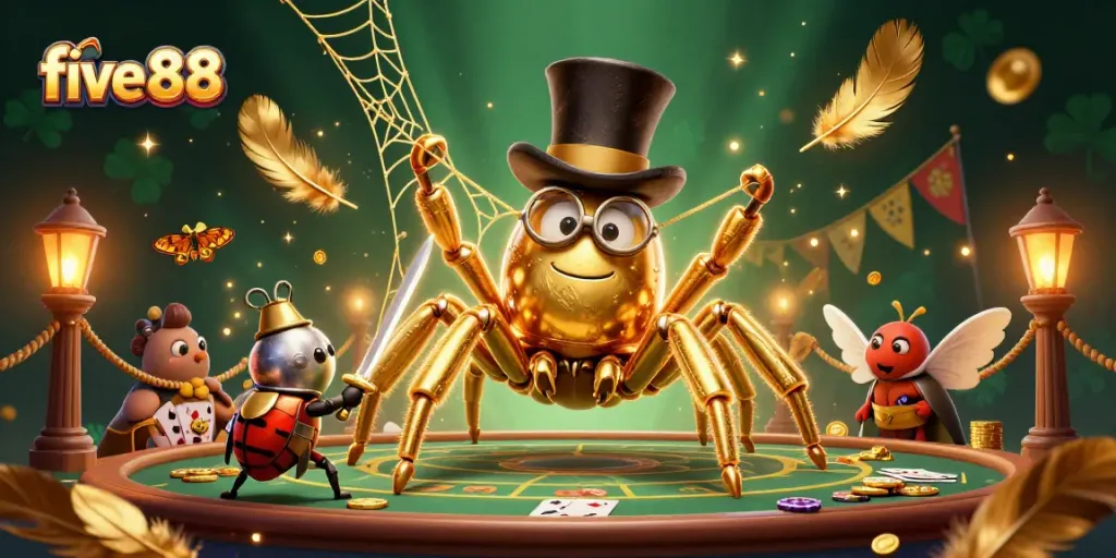 Witness a thrilling five 88 gaming adventure as a giant golden tarantula weaves its wondrous web amidst casino vibes.