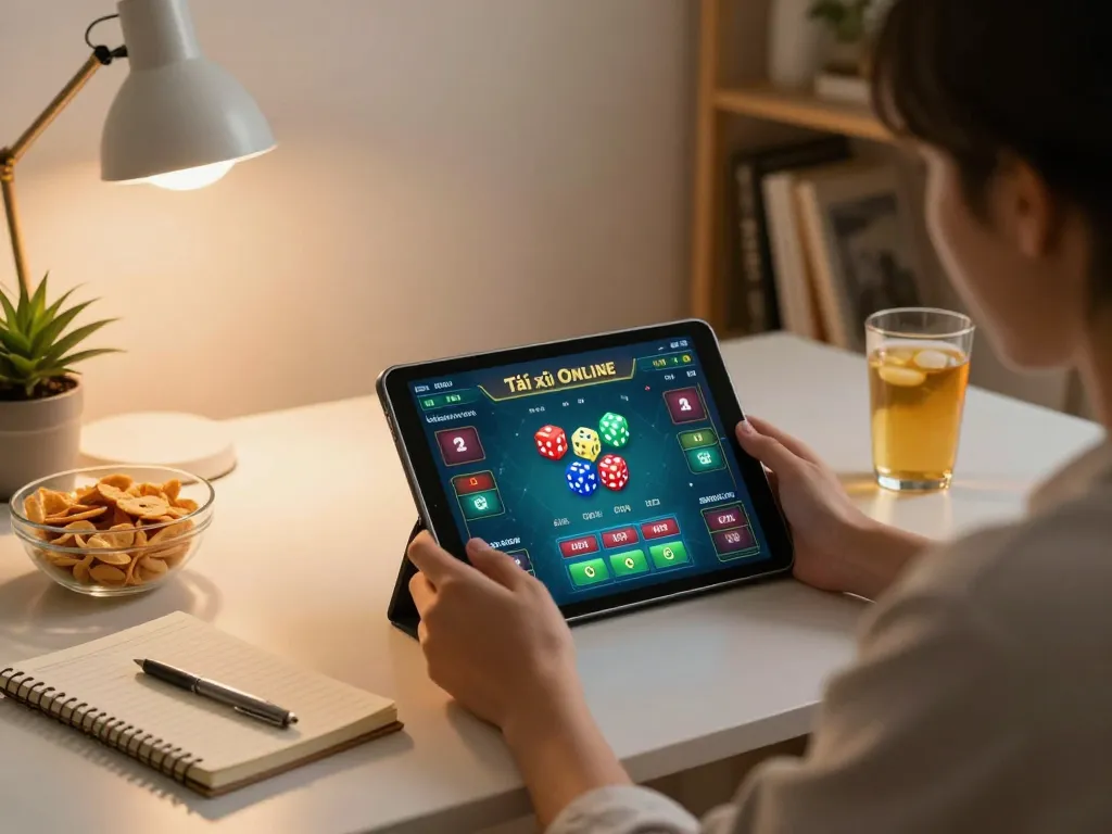 Tài xỉu Online gaming on a tablet in a cozy home office setup