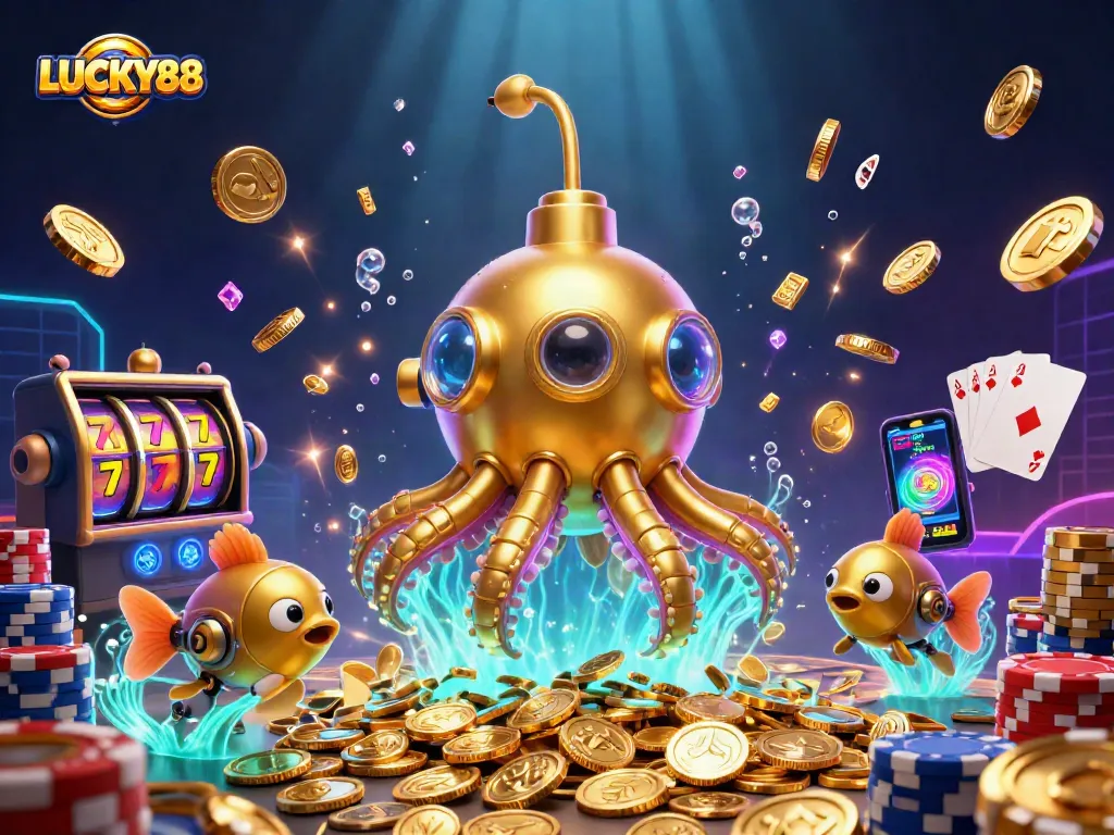 Experience the excitement of LUCKY88 as the golden kraken submarine emerges through golden coins, showcasing thrilling slot adventures.