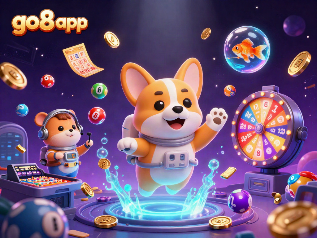 Experience fun with the go8 app in a vibrant, colorful casino spaceship scene.