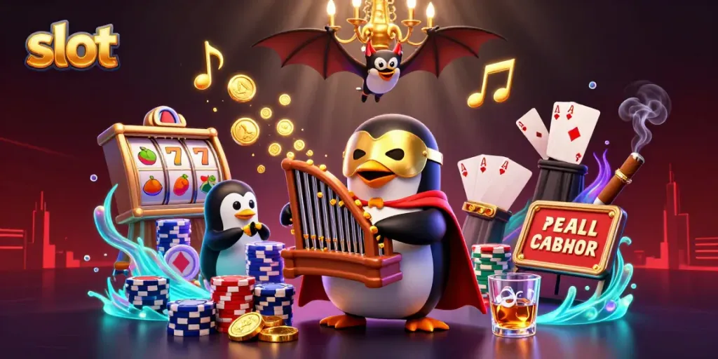 Experience the thrill of playing slot games with an exciting scene featuring cartoon characters amidst dynamic casino elements.