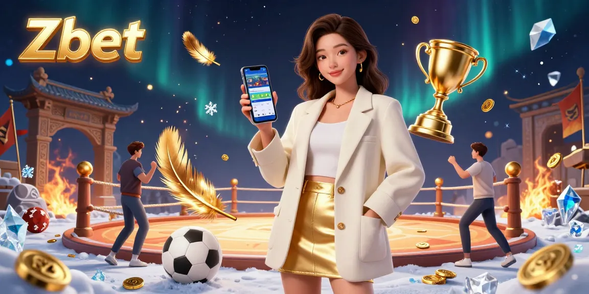 Zbet showcases competitive sports betting with a friendly Asian woman using a mobile app amidst lively casino elements.