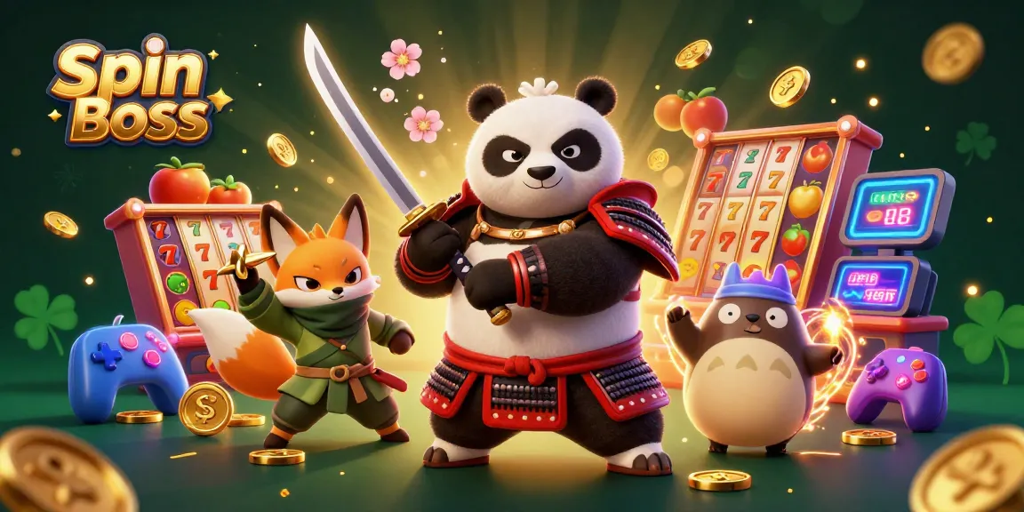 Experience the excitement of Spin Boss with charismatic characters amidst vibrant casinos and glowing slot reels.