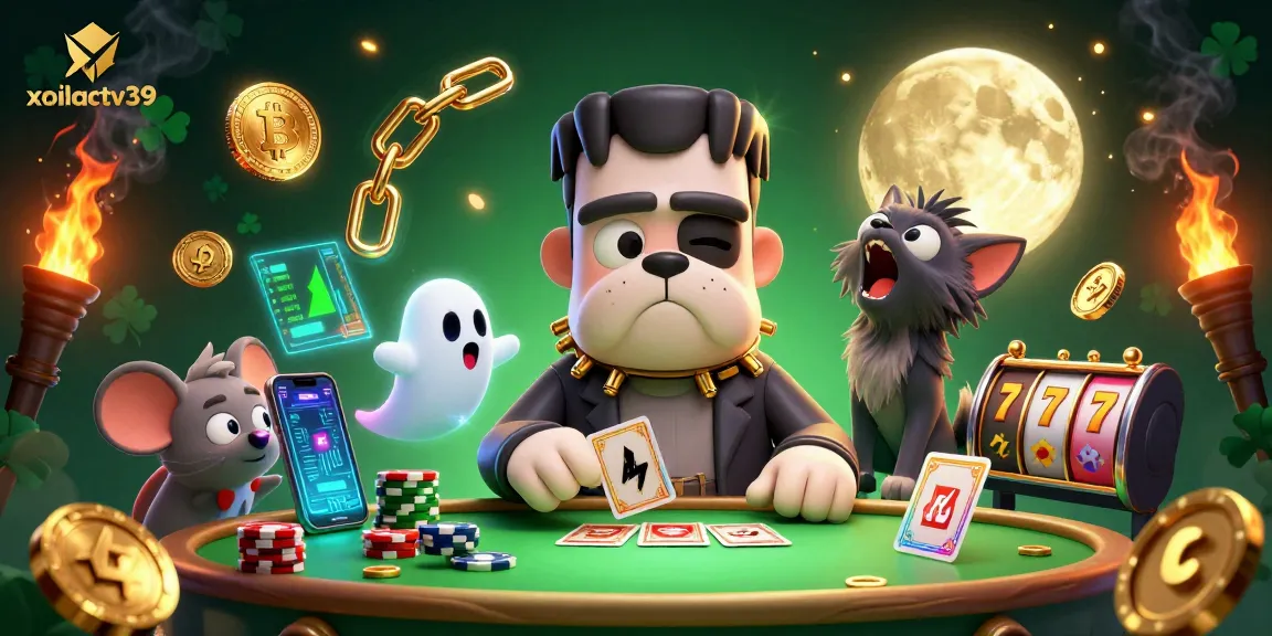 Engage with xoilactv39 at a mystical casino table, featuring a monster dealer with crypto elements.
