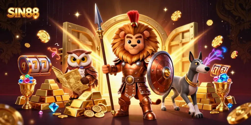 SIN88's vibrant casino scene featuring a Spartan lion surrounded by treasures and game elements.