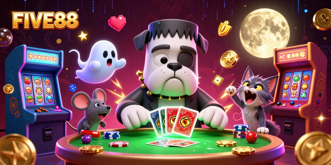 Engage with FIVE88's thrilling casino atmosphere featuring a lively cartoon scene with unique characters.