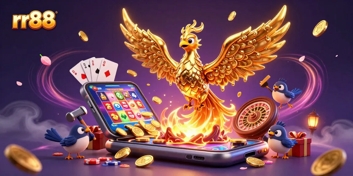 Experience the thrilling gameplay at rr88 Casino with captivating golden phoenix and dynamic gaming elements.